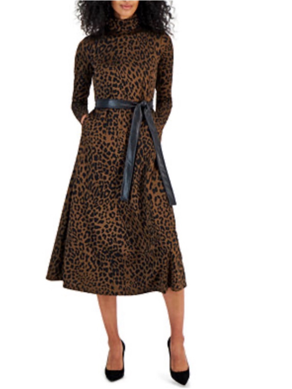 Anne Klein Brown Leopard Print Long Sleeve Midi Dress